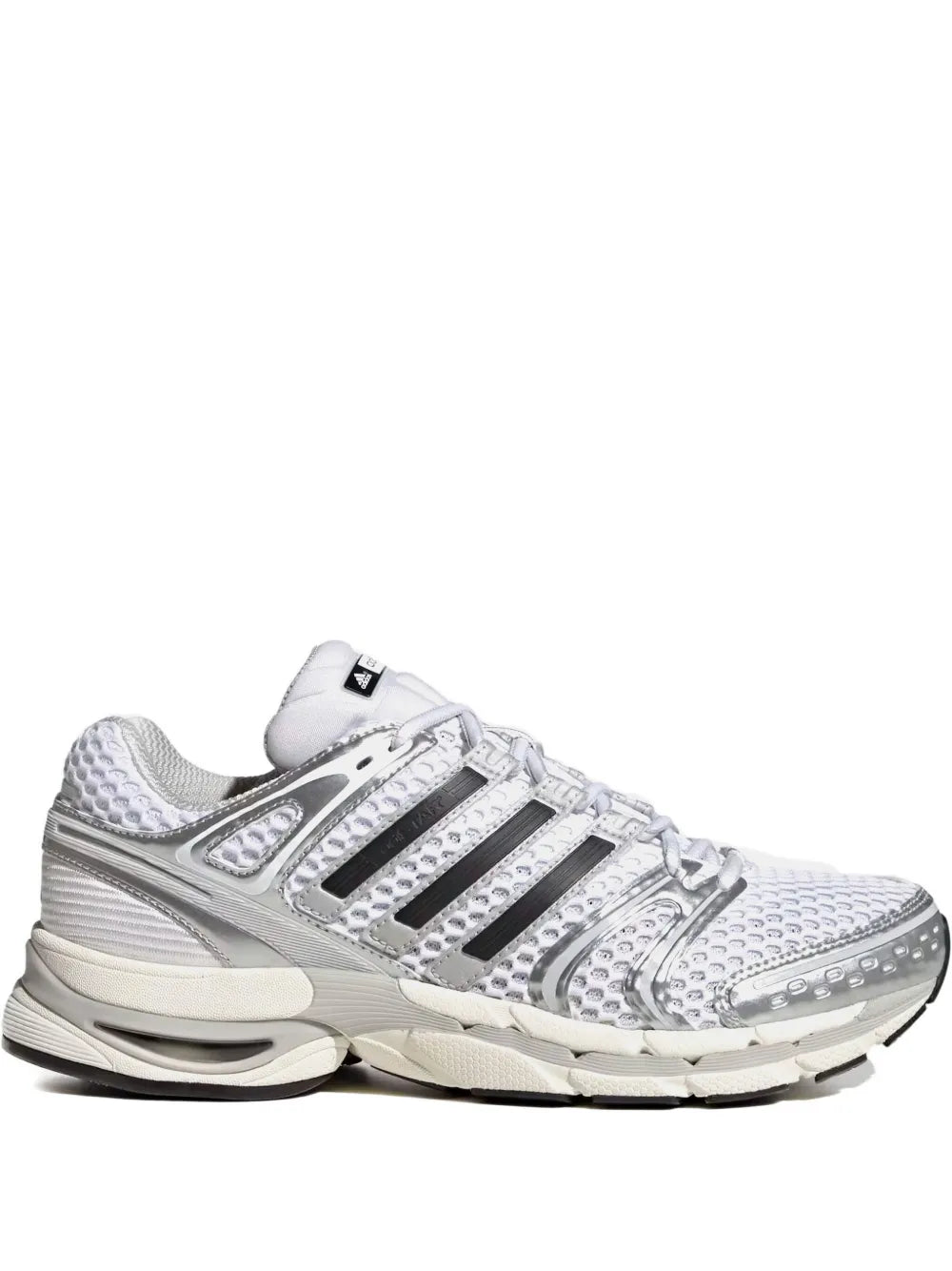 adidas Adistar Control 5 running shoes in silver-gray with black 3-stripe panels and laces