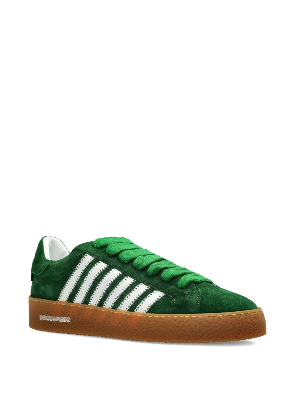 Green suede low-top sneaker with white striped side panel, green laces, and gum rubber sole.