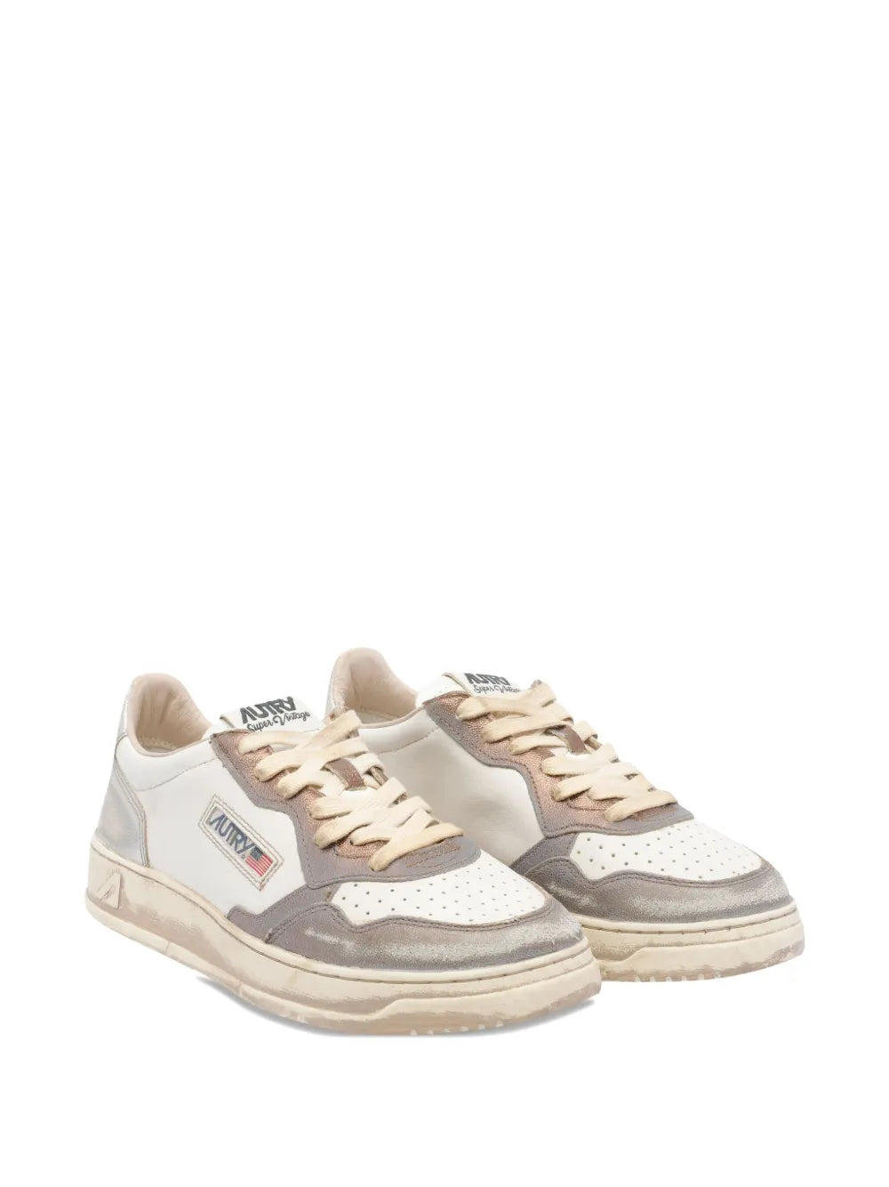 Pair of white leather sneakers, lace-up style with side logo patch
