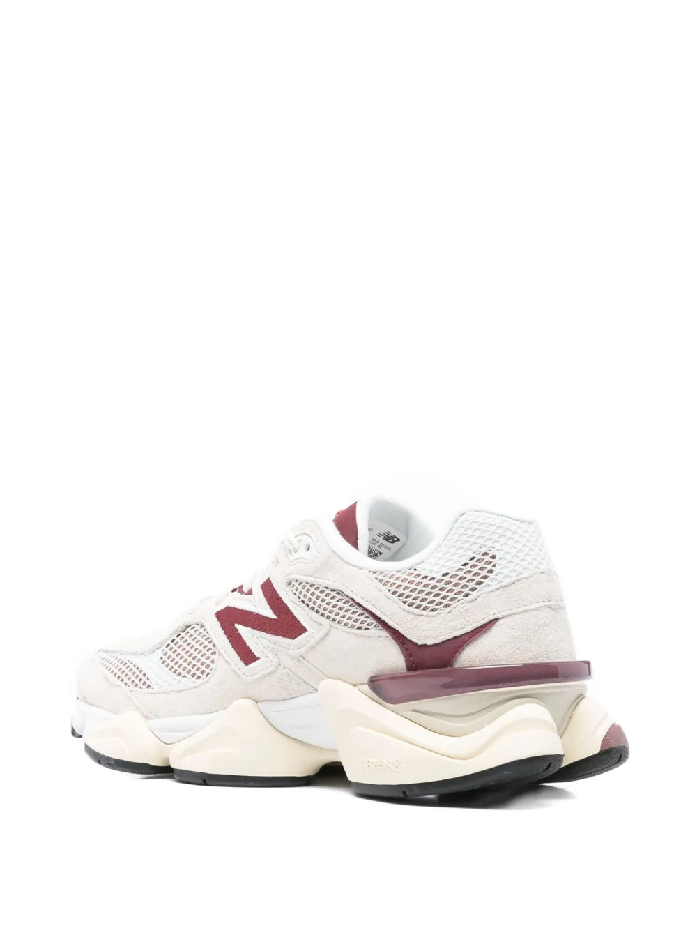 New Balance U9060 sneakers, cream and burgundy mesh, foam midsole, rear view