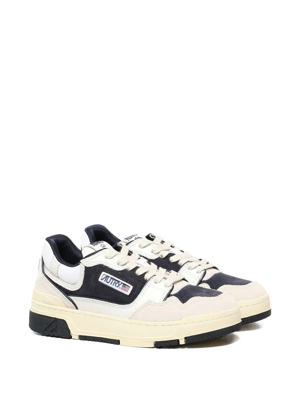 Leather panel sneakers, white upper with dark patterned panels, lace-up, cream sole