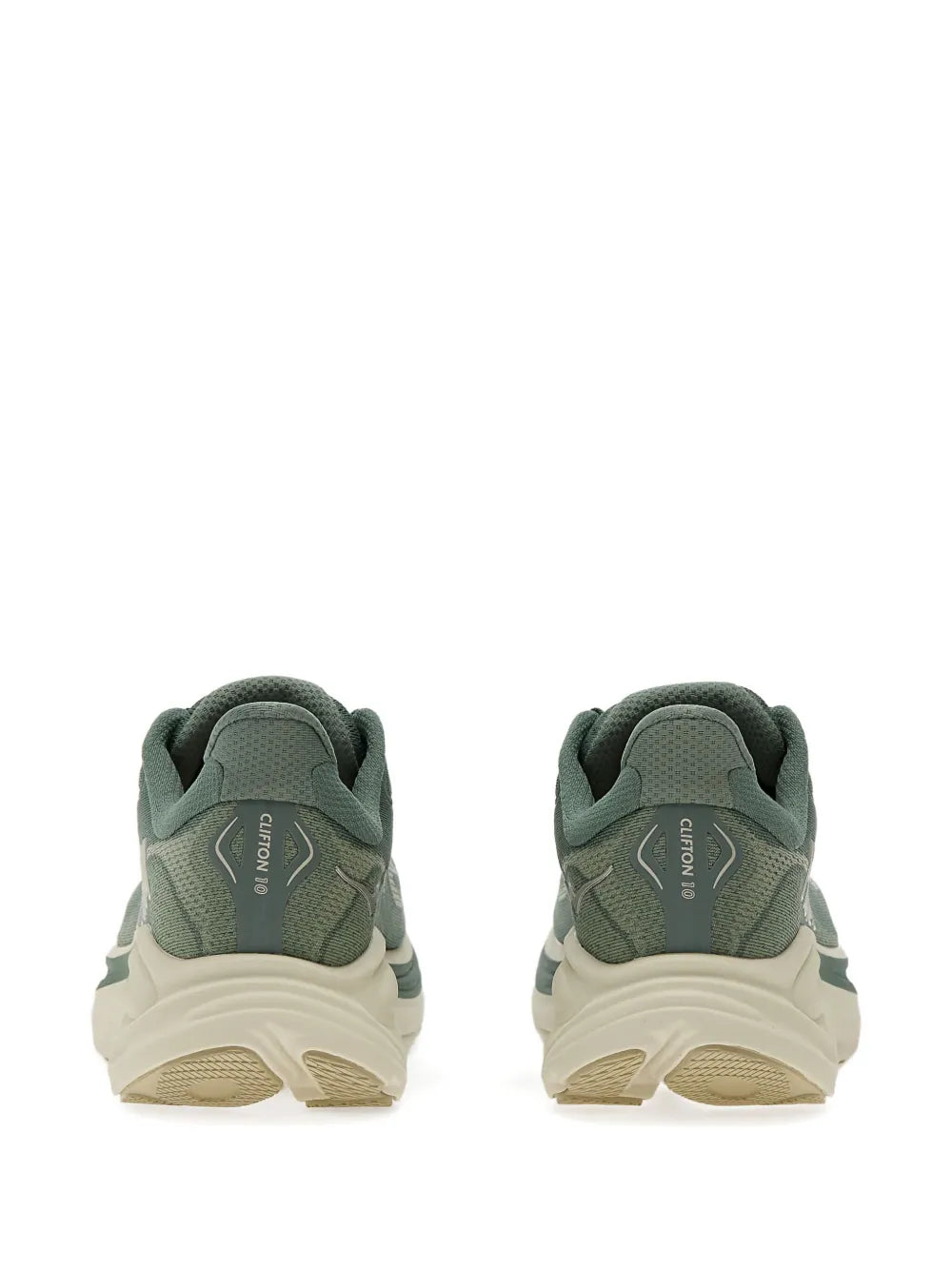 Back view of green HOKA logo-print sneakers with padded heel and pull tab