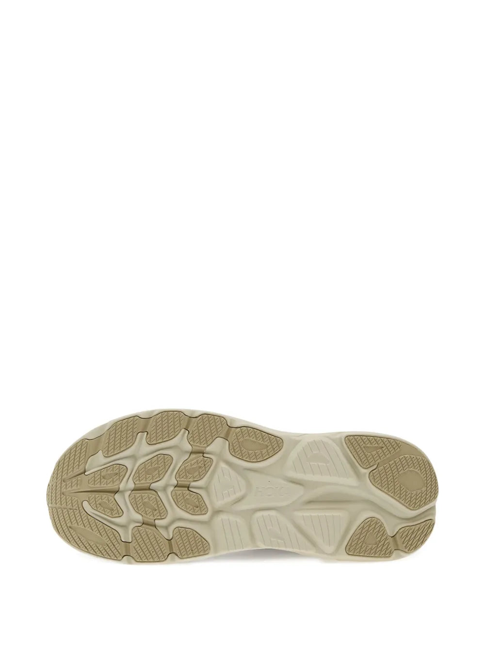 Outsole close-up of green HOKA logo-print sneakers with grip tread pattern