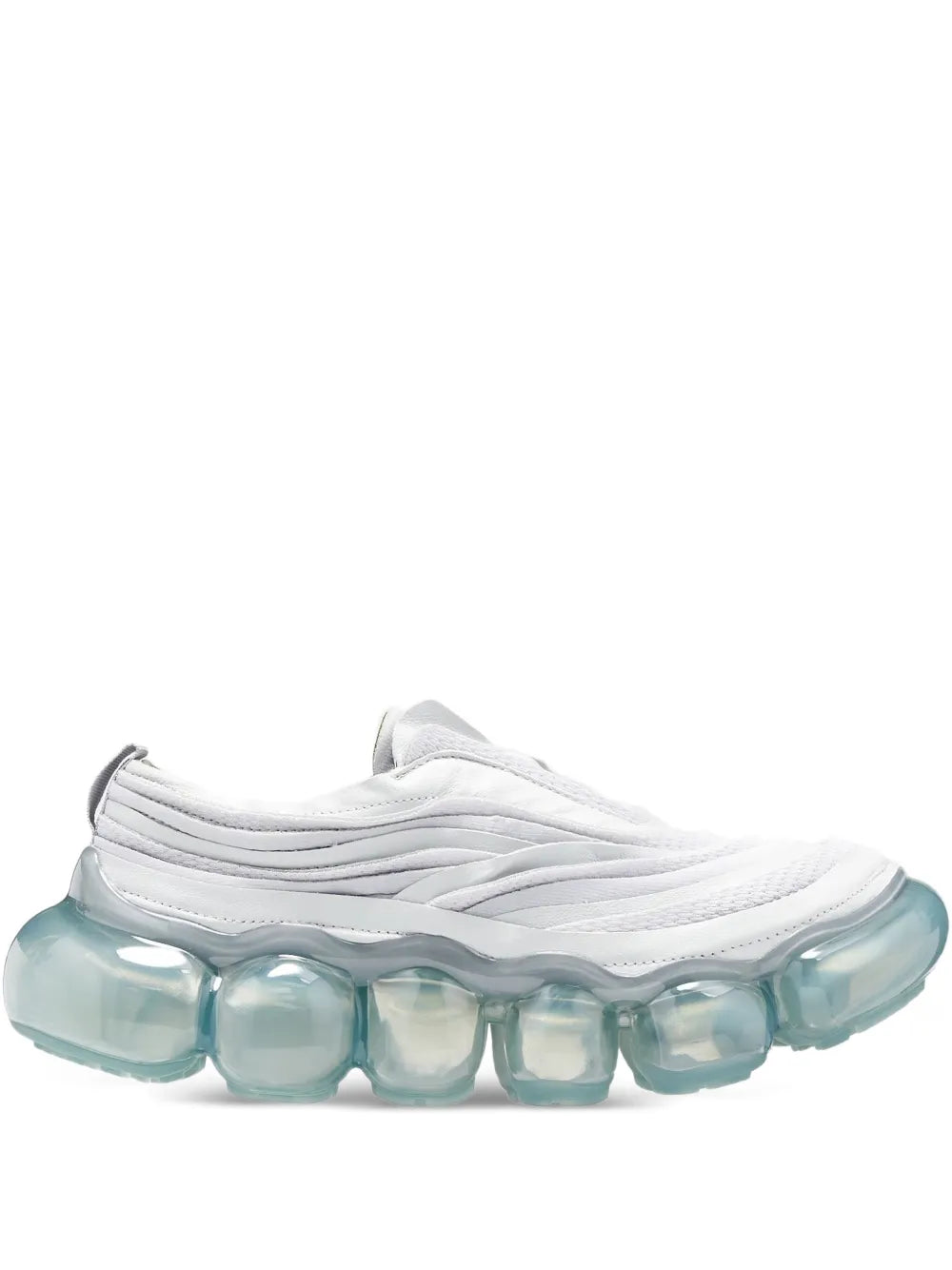 White slip-on sneakers with wavy upper and translucent teal bubble sole