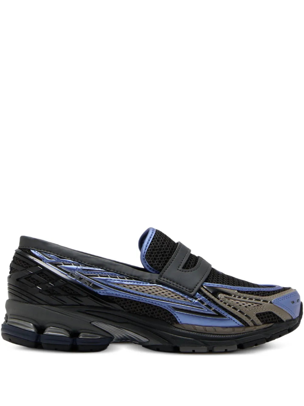 Black mesh slip-on sneakers with blue accents and Velcro strap