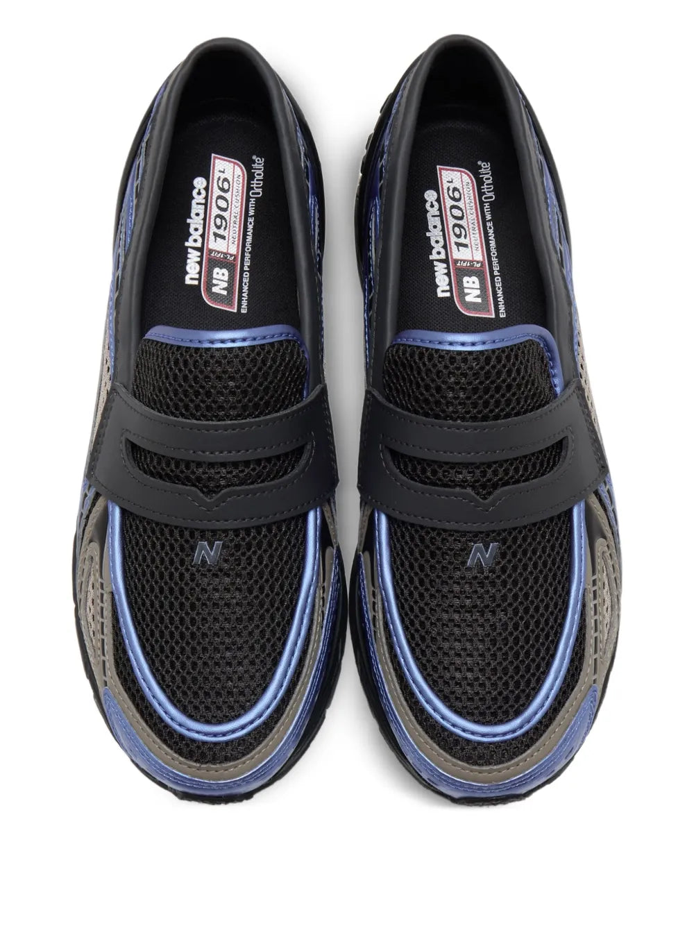 Pair of black slip-on mesh sneakers with blue trim, padded collar