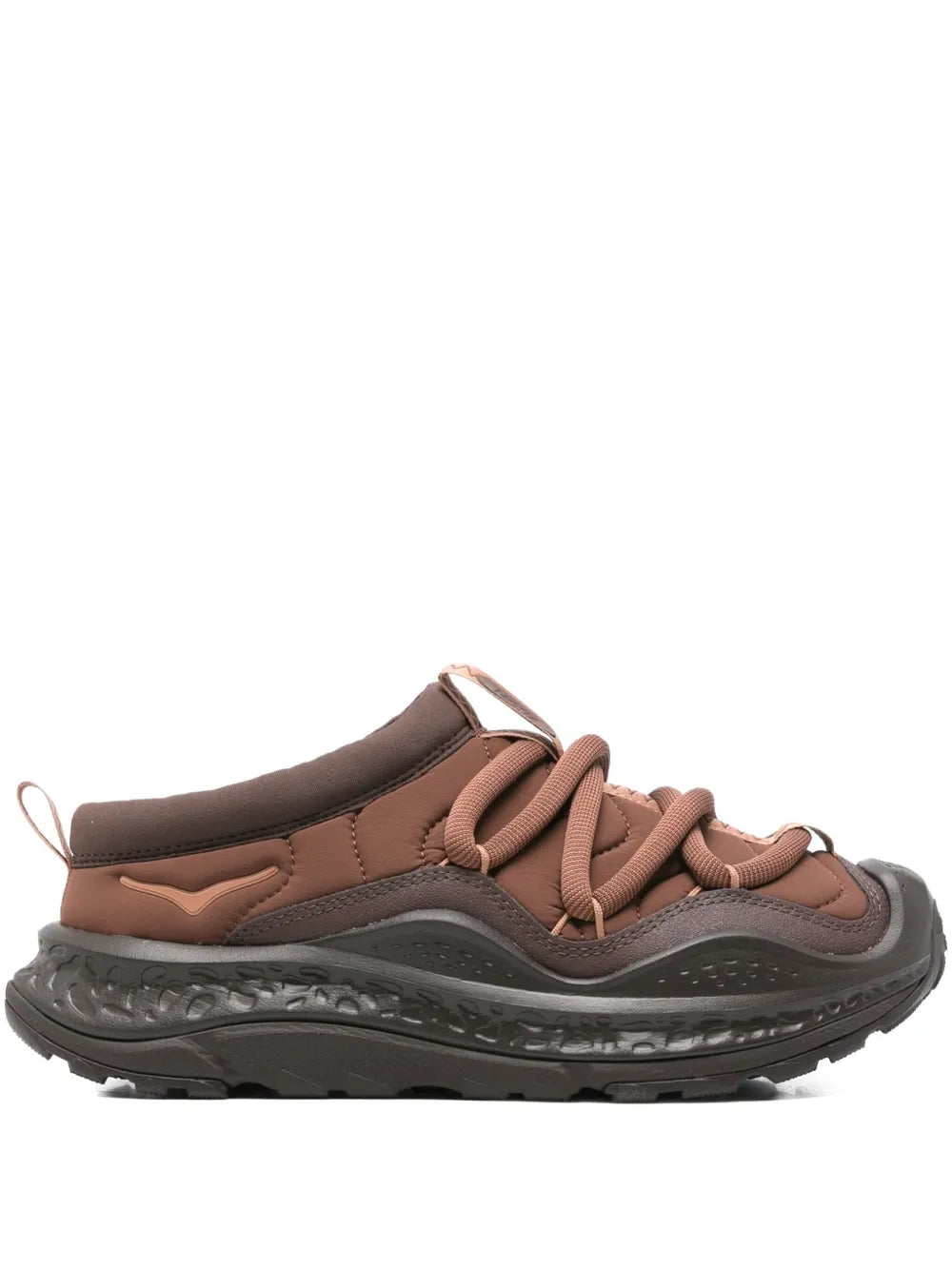 Brown padded running sneakers with lace-up front and thick gray rubber sole