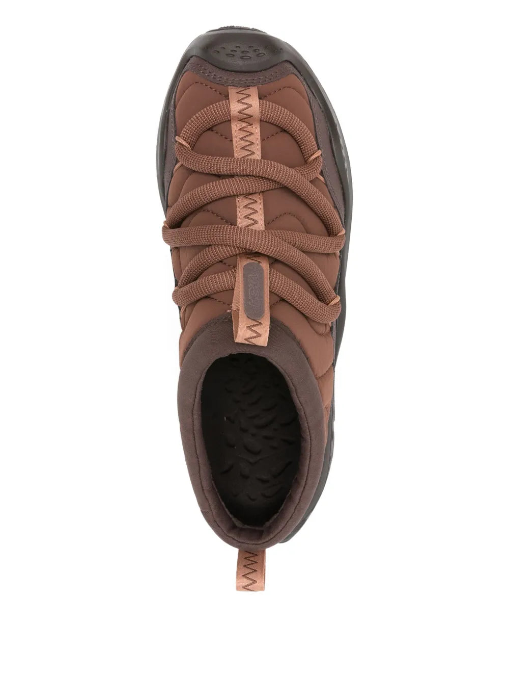 Brown lace-up sneaker top view with eyelets and padded collar