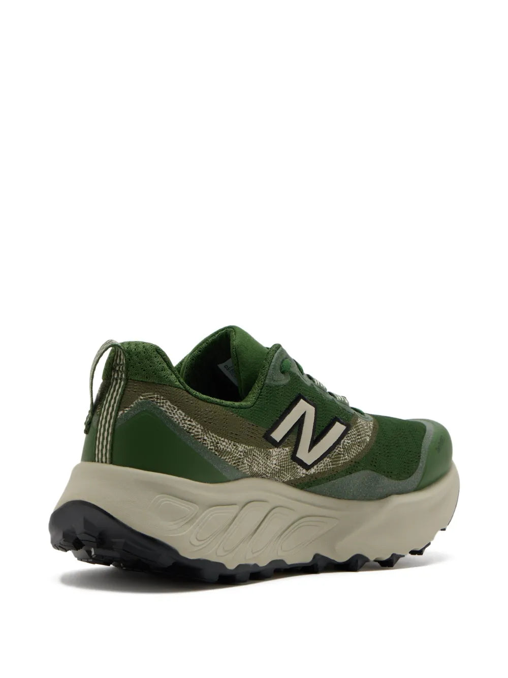 Green New Balance trail sneakers with N logo and rubber outsole, lace-up style