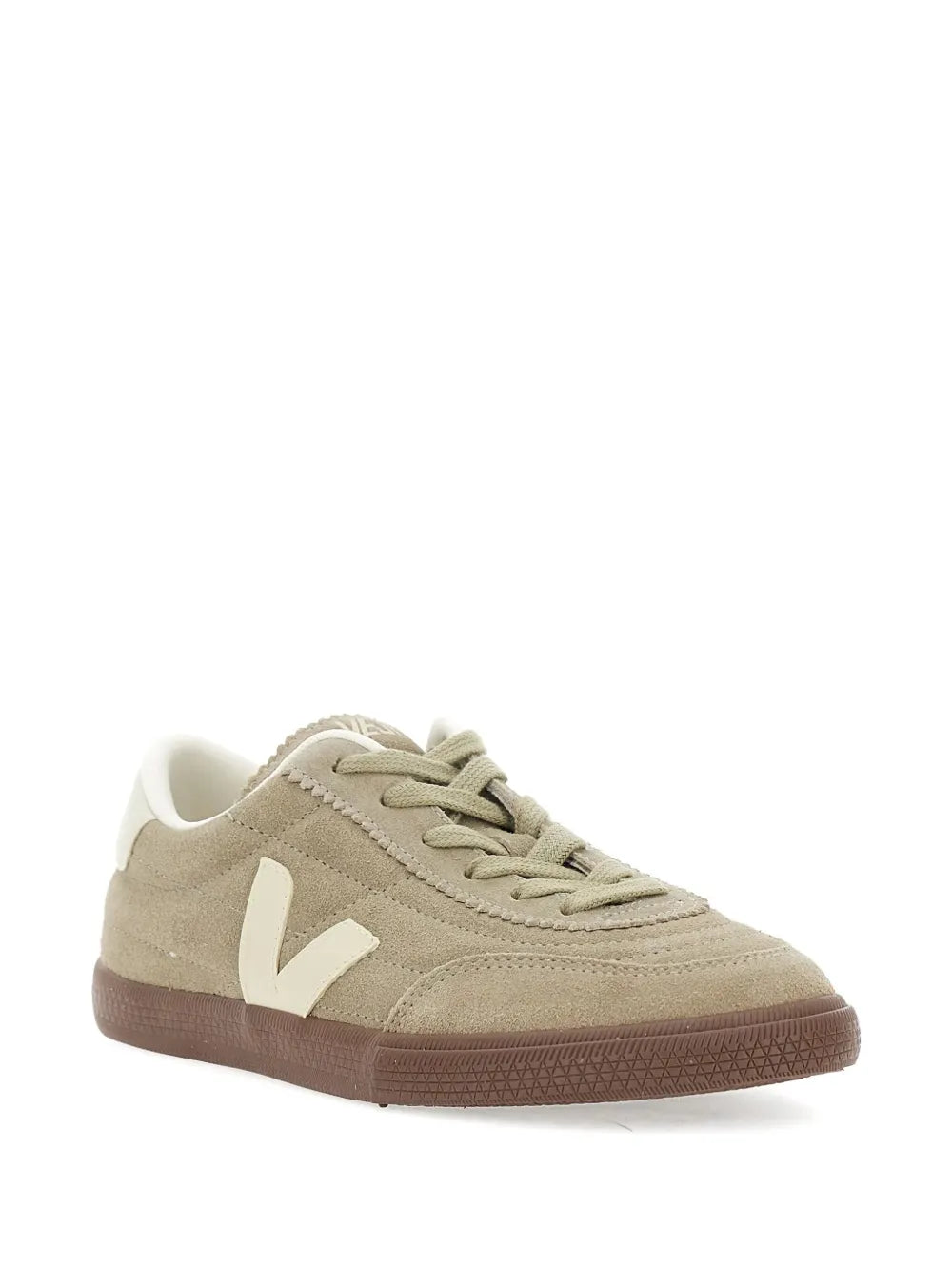 Suede lace-up sneakers with light green upper, white side V logo, brown gum sole