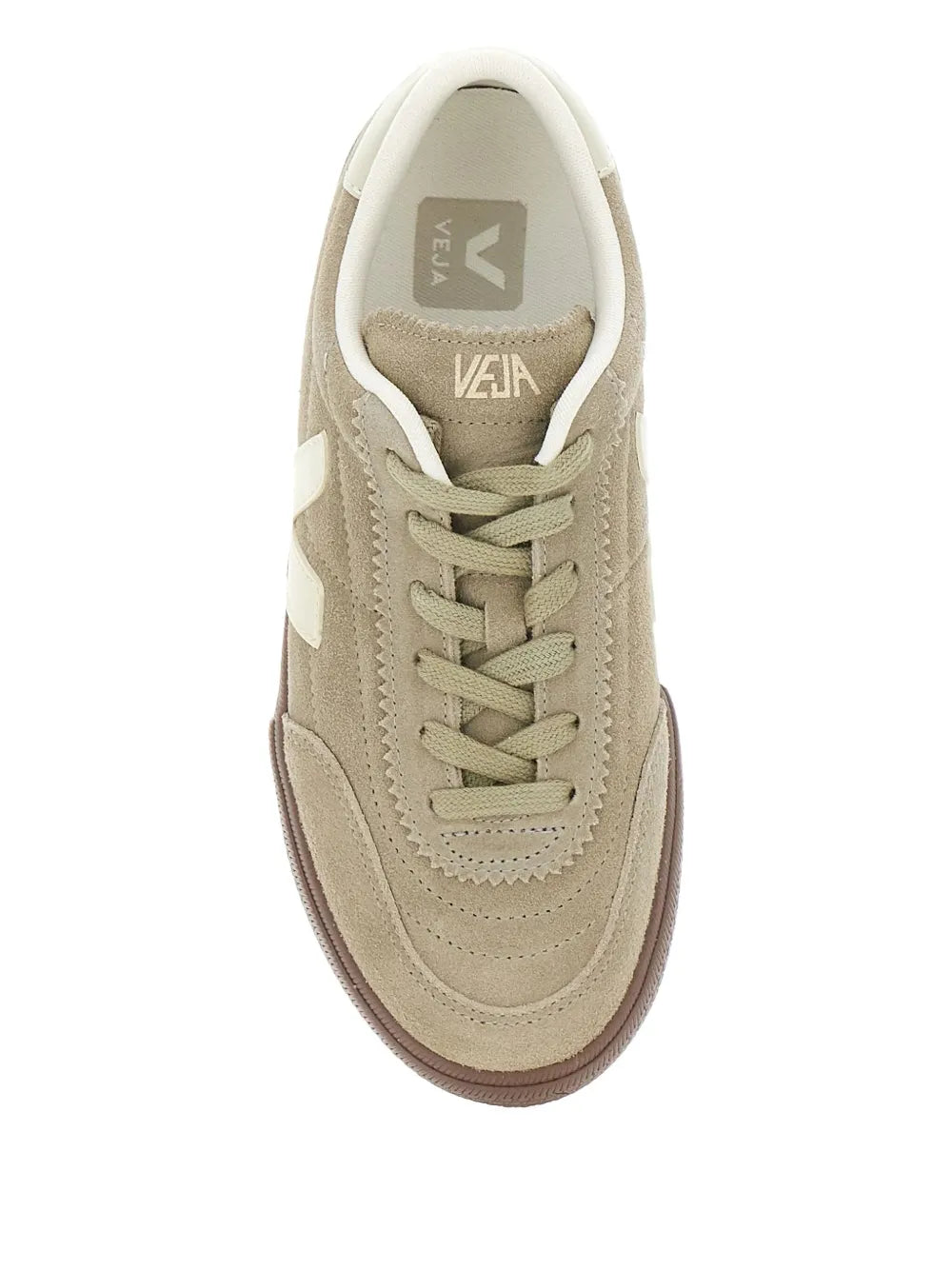 Suede lace-up sneaker with VEJA logo on tongue, light green upper, white V, brown sole