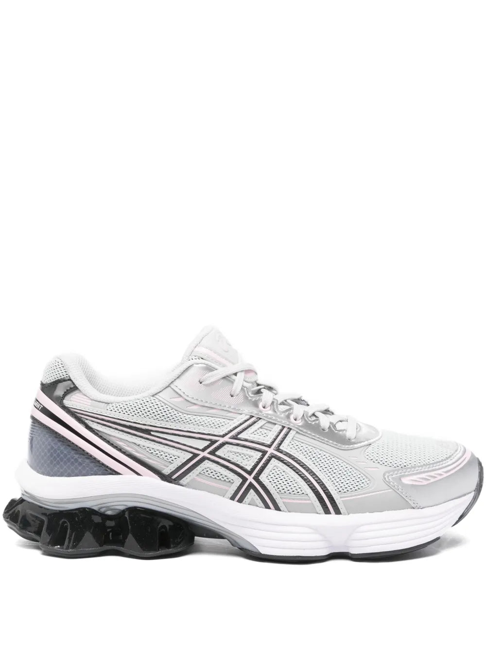 Grey mesh lace-up running sneakers with black gel-cushioned outsole