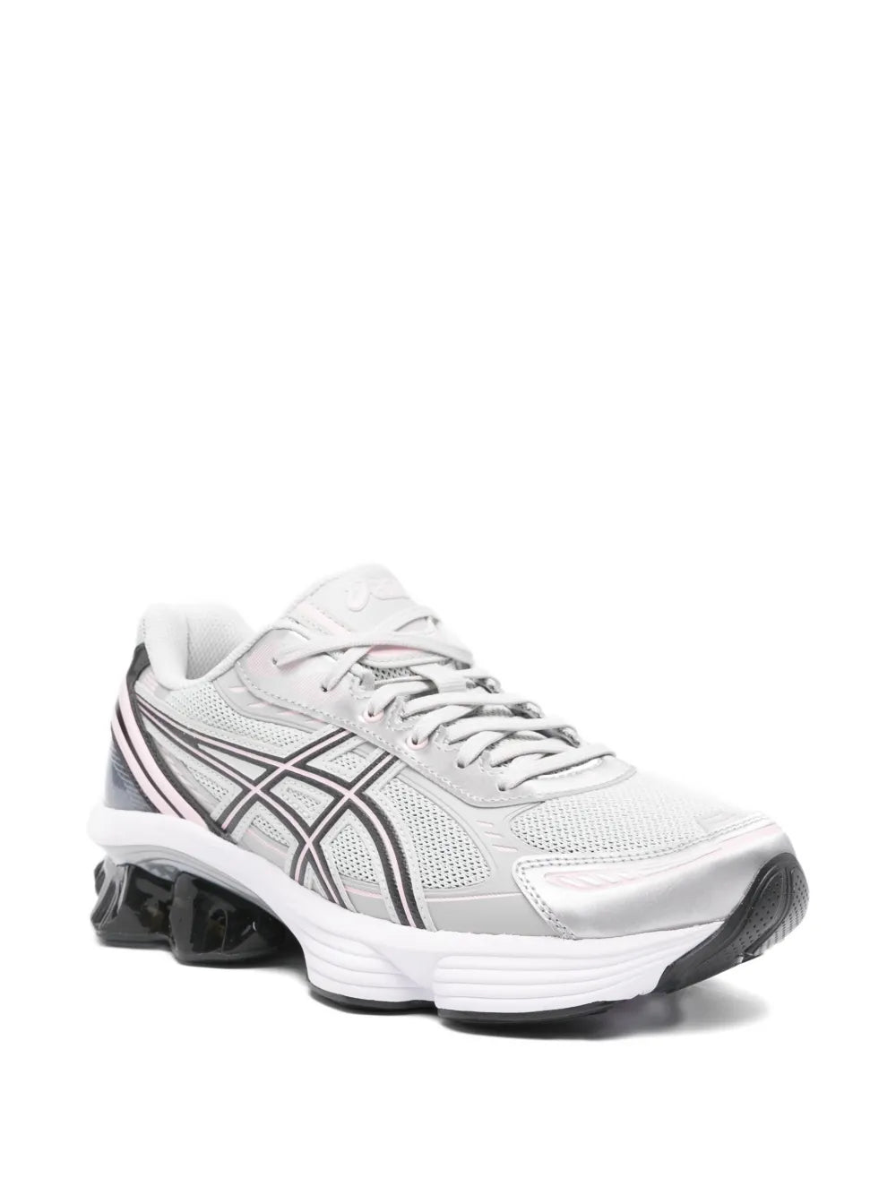 Grey mesh lace-up sneakers with black heel pods and white midsole