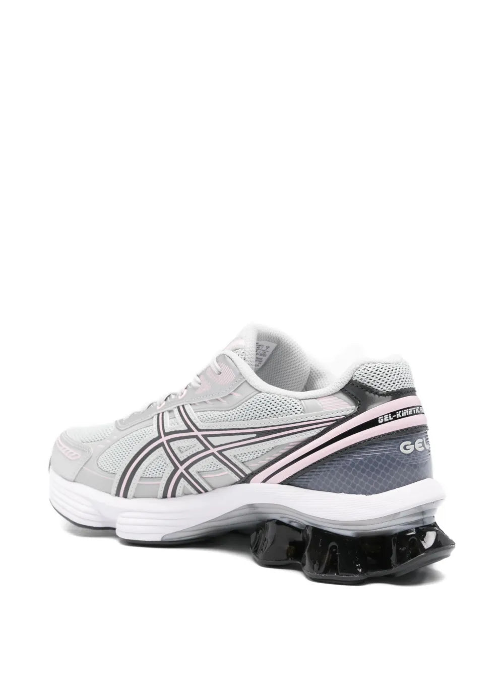 Grey mesh lace-up sneakers with black outsole and pink accent stripe