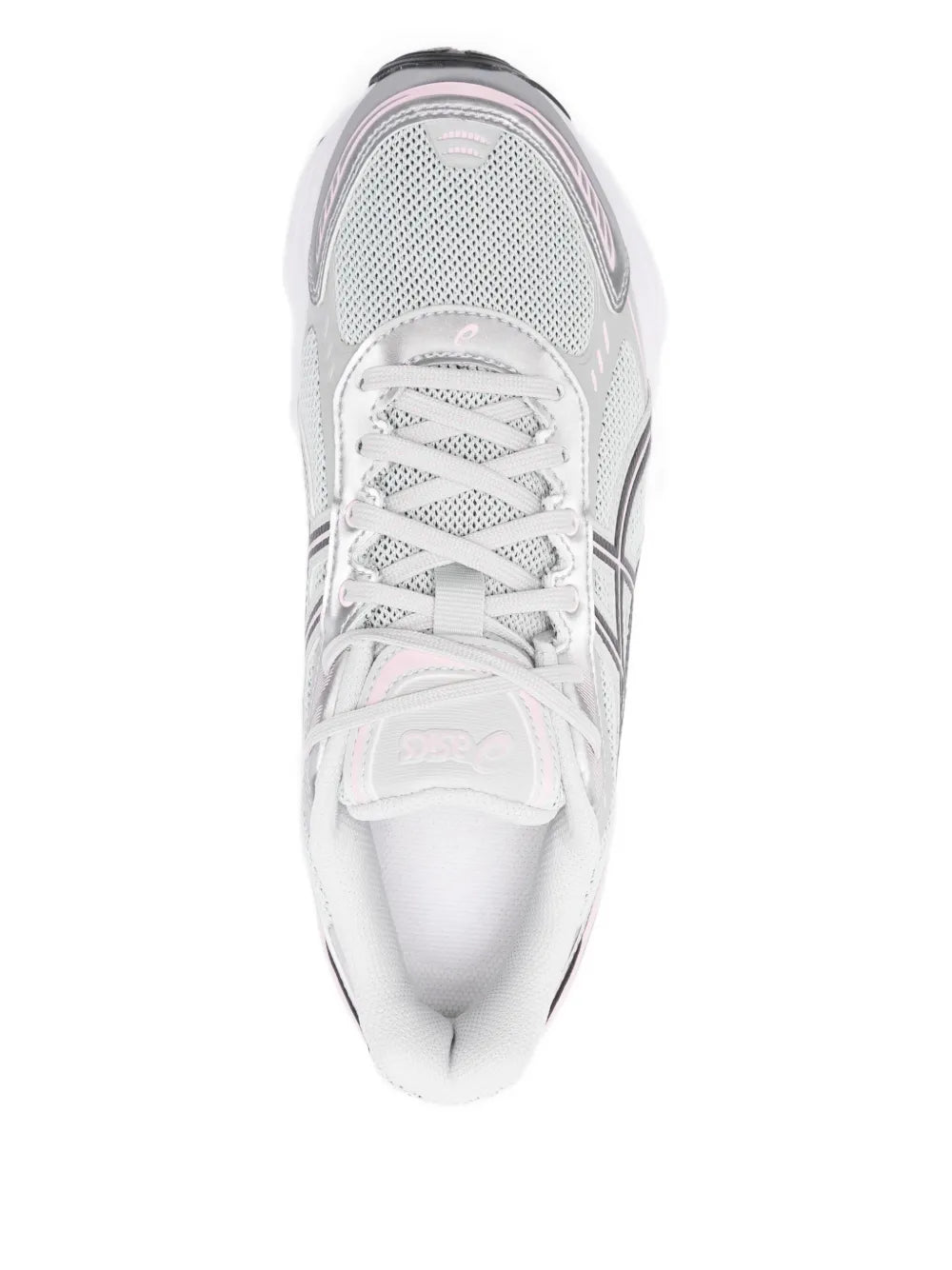 Grey mesh lace-up sneaker upper with white laces and rubber toe cap