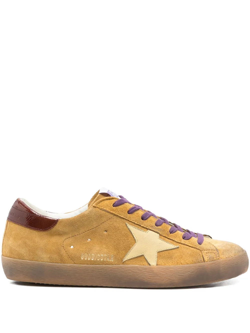 Golden Goose suede sneakers, yellow suede with purple laces and star logo