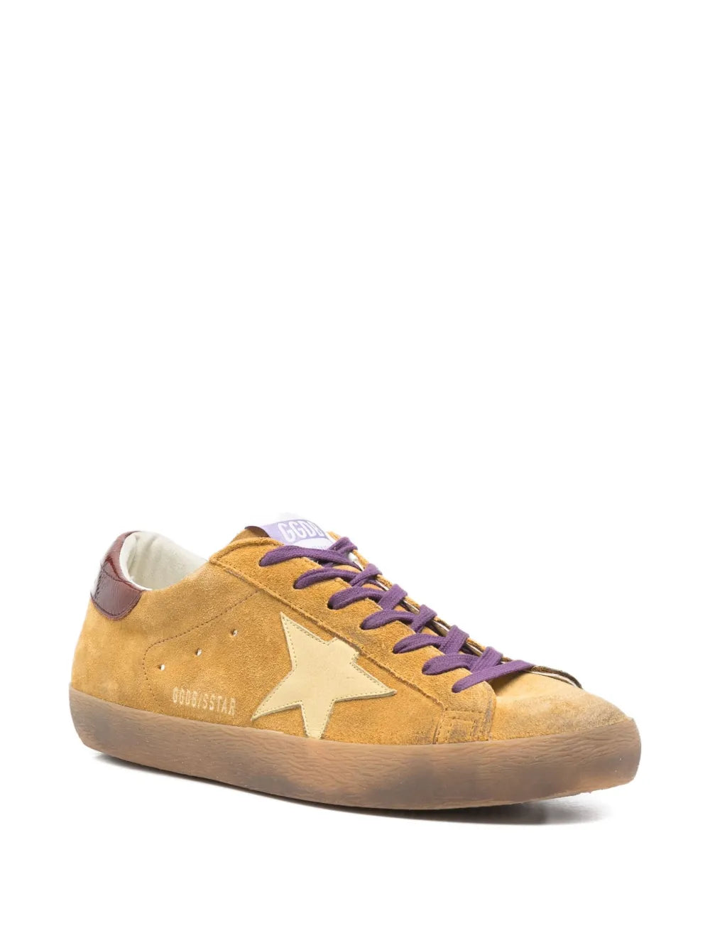 Golden Goose suede sneakers, side view with yellow upper and purple lace-up