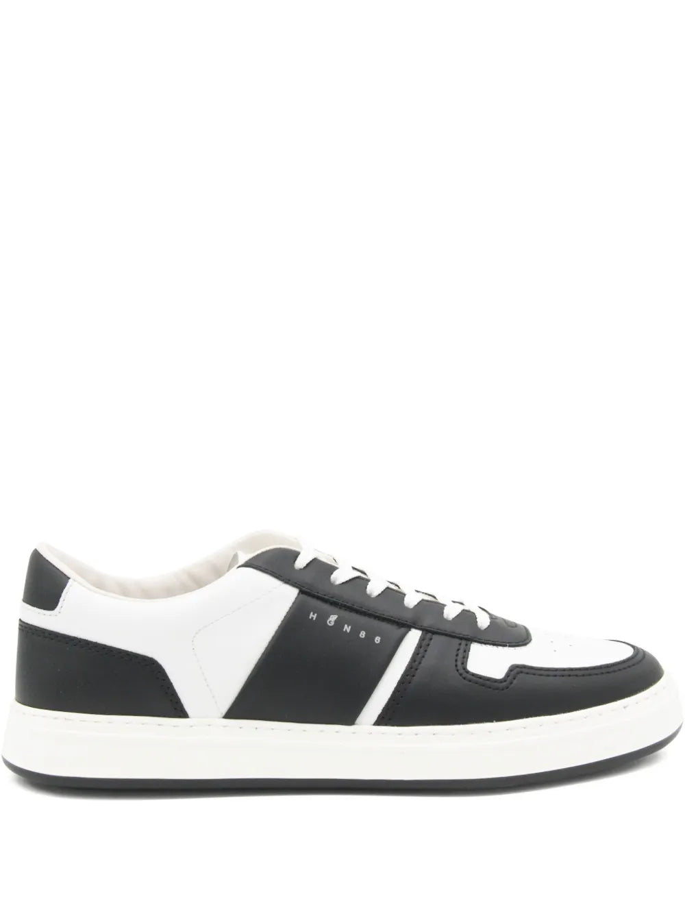 Black and white leather panelled sneakers with white laces and rubber sole