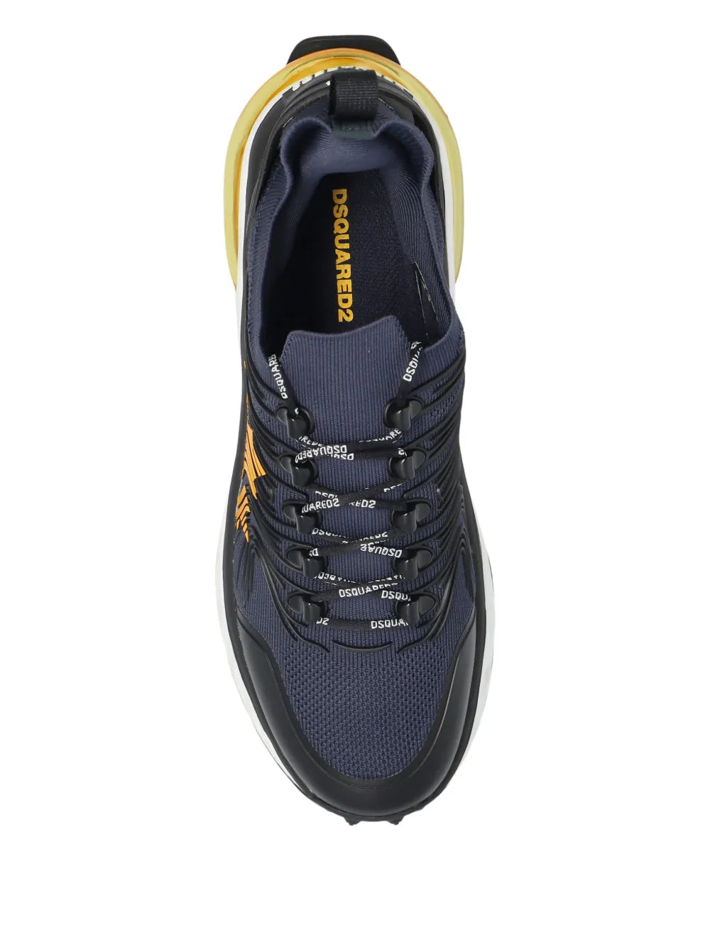 Dsquared2 navy sneakers top view with Dsquared2 logo on tongue and lace-up eyelets