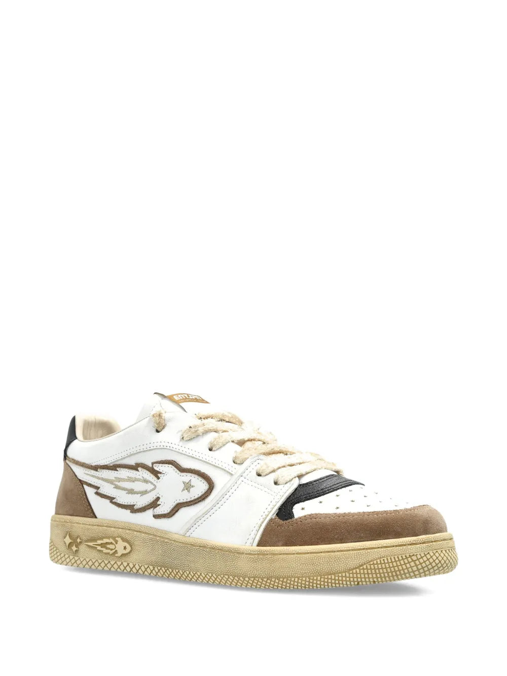 Color-block leather sneakers in white and brown with rocket emblem, low profile