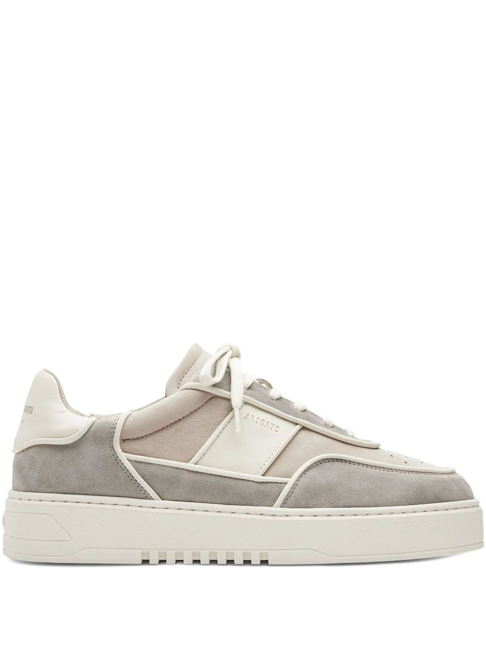 Light taupe and gray panelled low-top sneakers, white laces, rubber sole