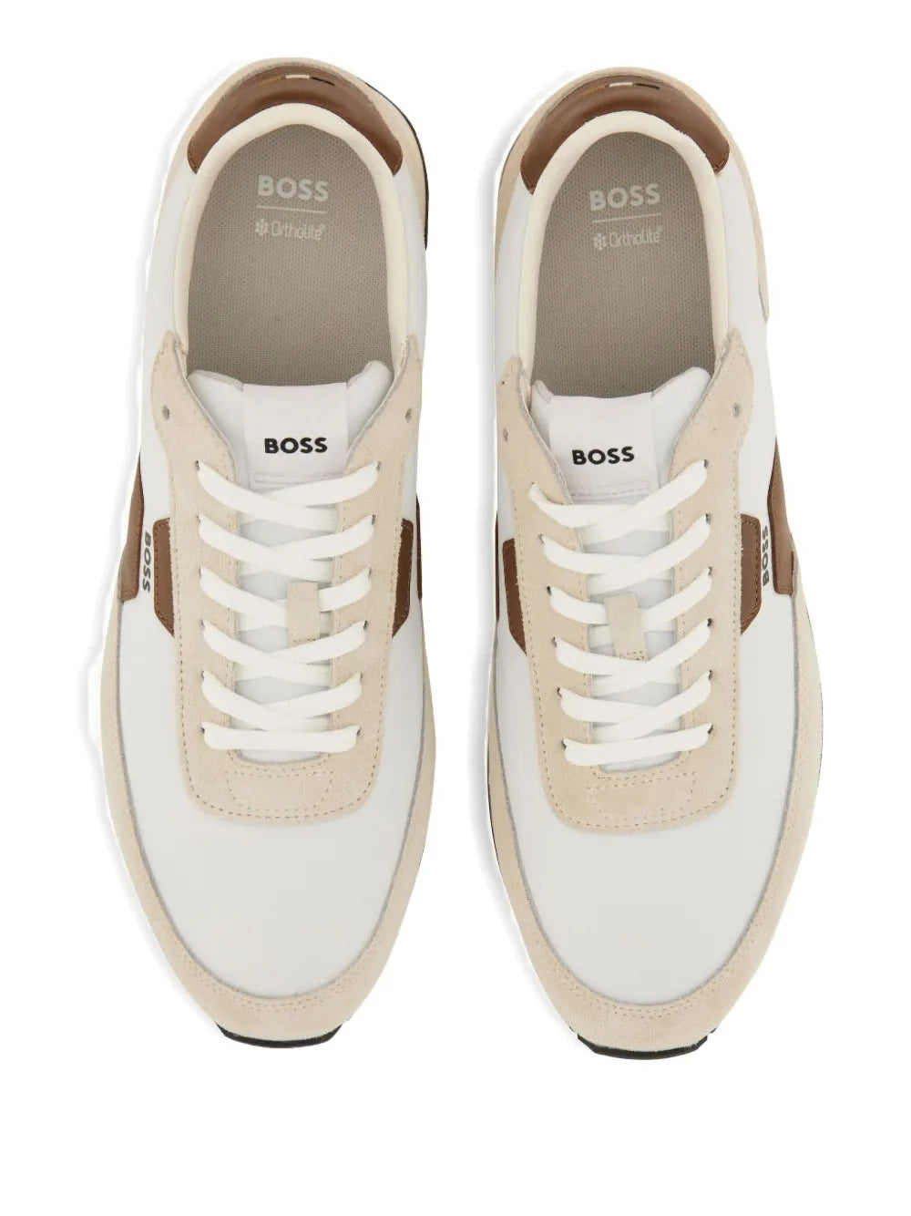 Beige sneakers with BOSS logo on tongue and front, white laces, round toe