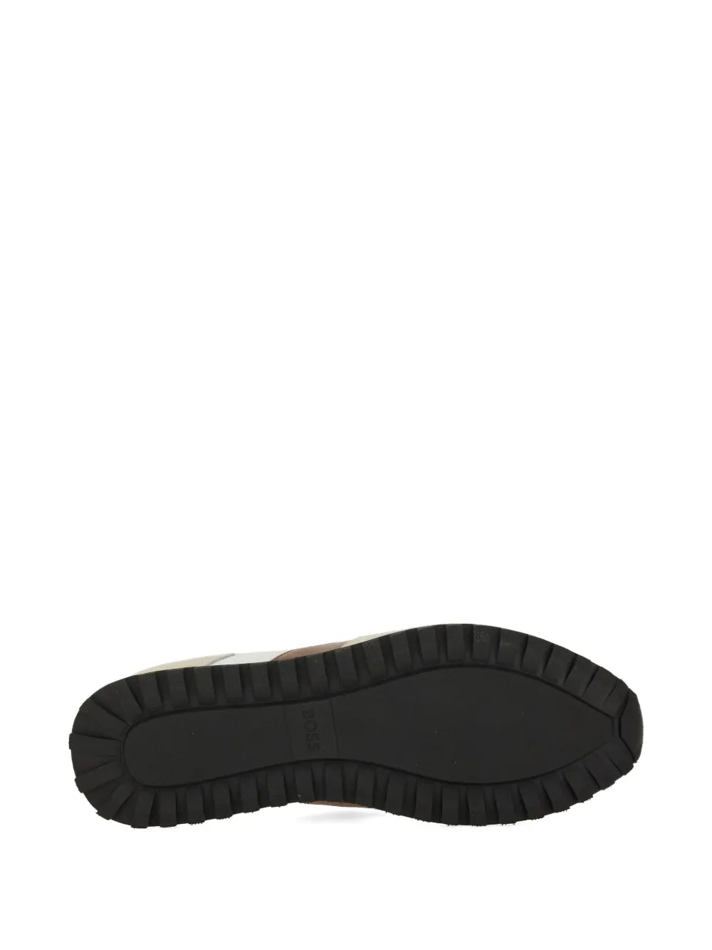 Black rubber outsole for beige panelled sneakers with textured grip tread