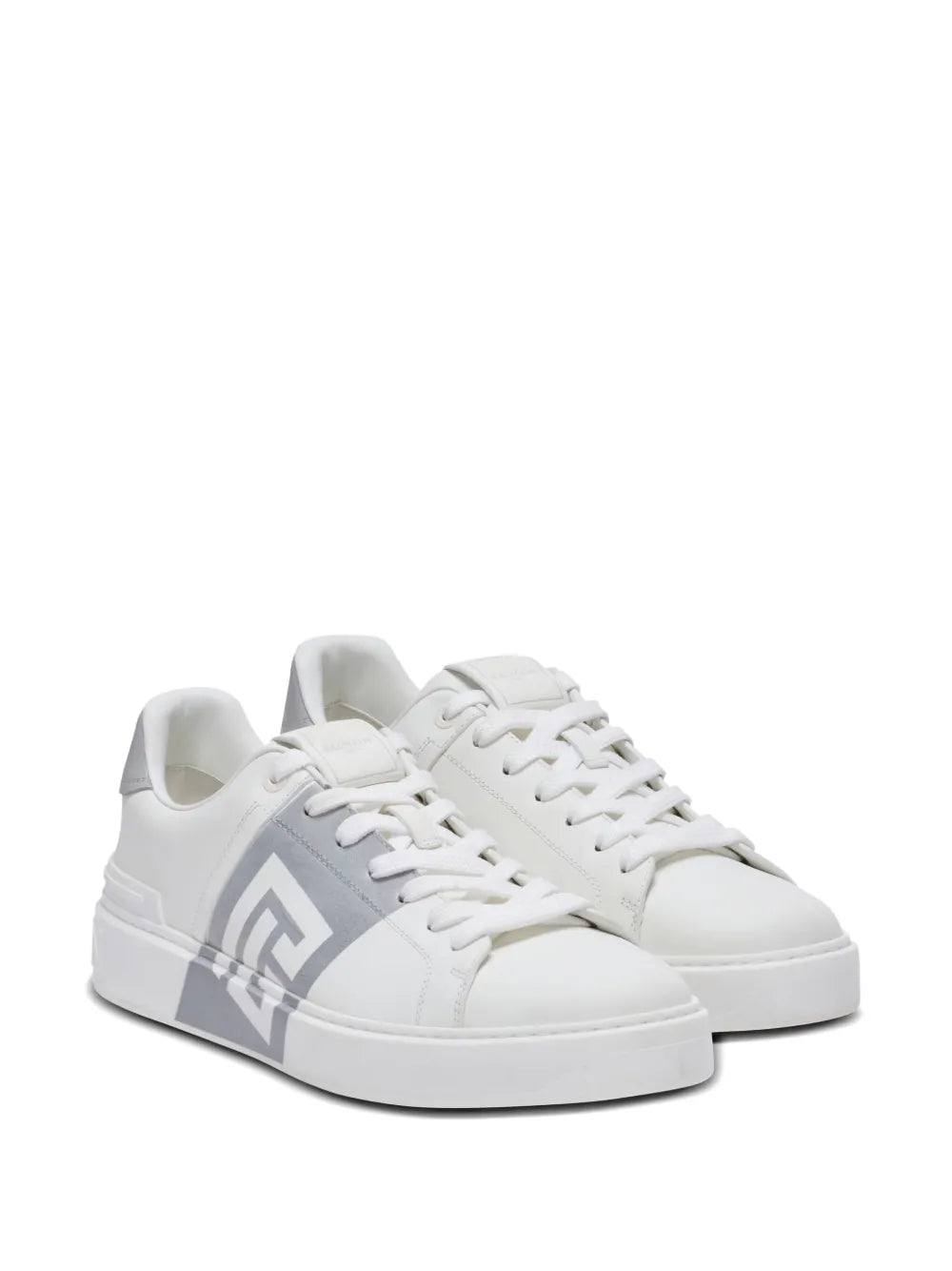 White calfskin lace-up sneakers with Balmain logo panel, low-top