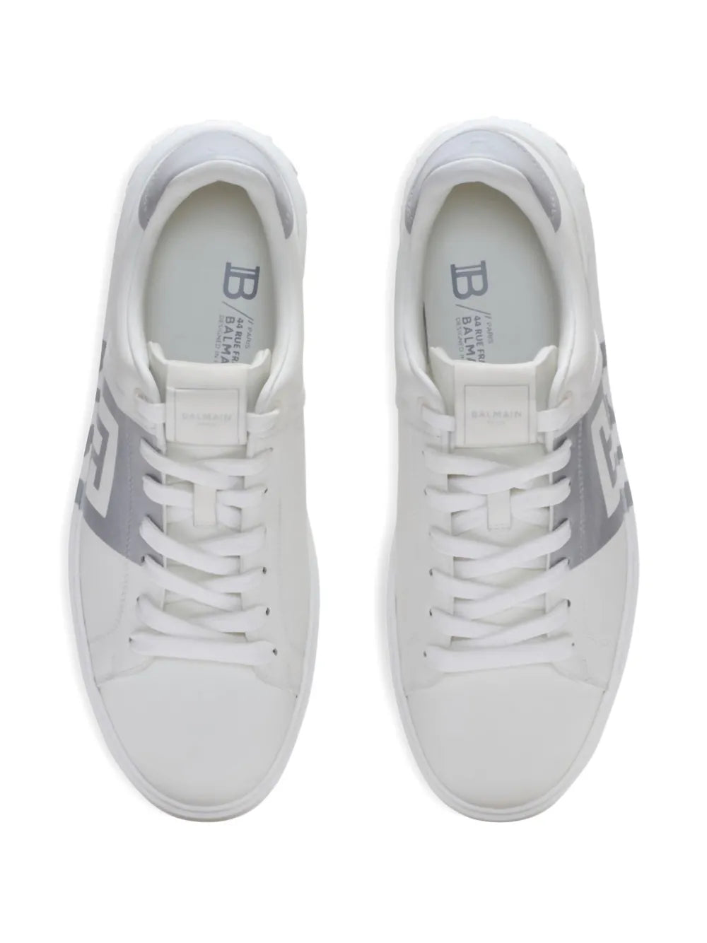 White calfskin lace-up sneakers with Balmain-printed tongue and front logo