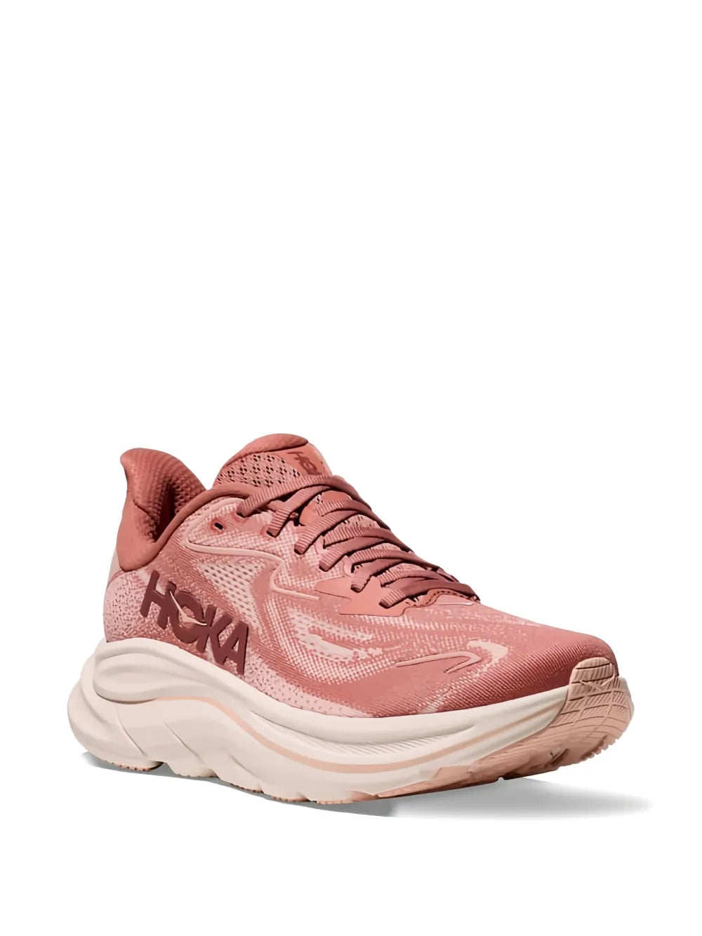 Hoka lace-up sneakers, blush pink upper with textured details and white midsole
