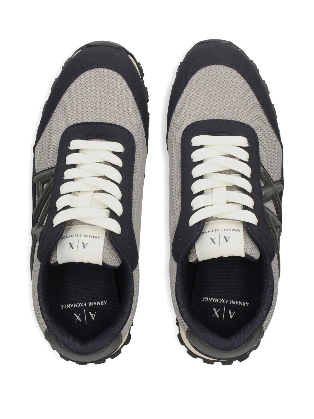 Pair of Armani Exchange logo-detail sneakers, grey mesh-look, white laces, AX tongue