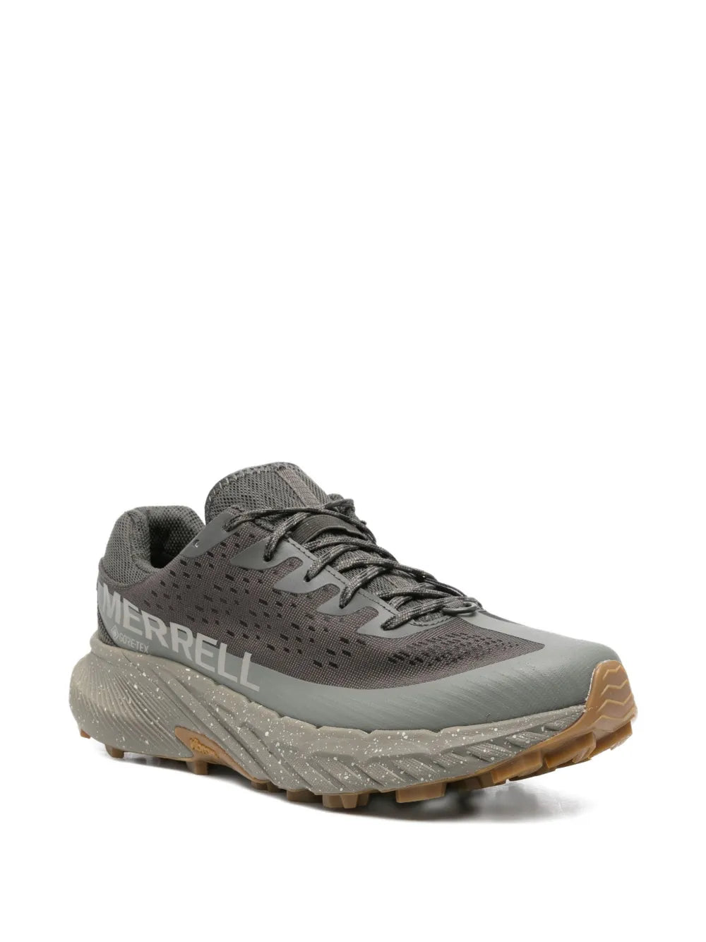 Grey lace-up running sneakers with rugged tread sole and side branding