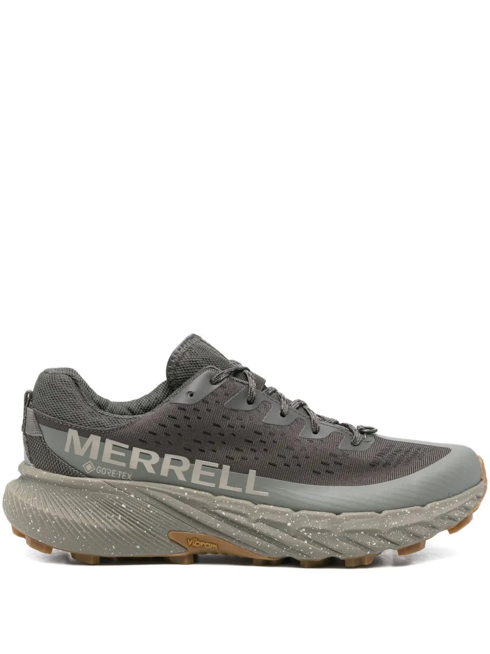 Grey running sneakers with lace-up front and cushioned textured sole