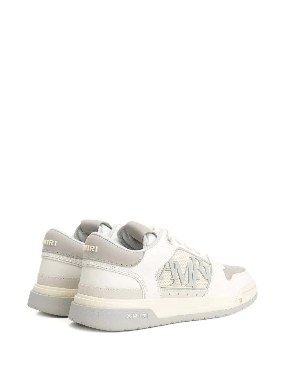 Light grey leather lace-up low-top sneakers, rear view with AMIRI heel branding