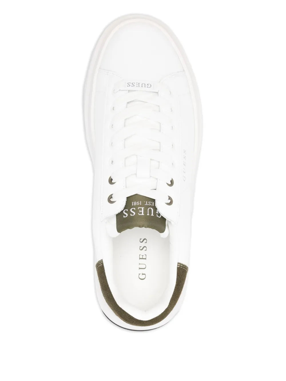 Guess sneaker top view, white lace eyelets with olive heel trim