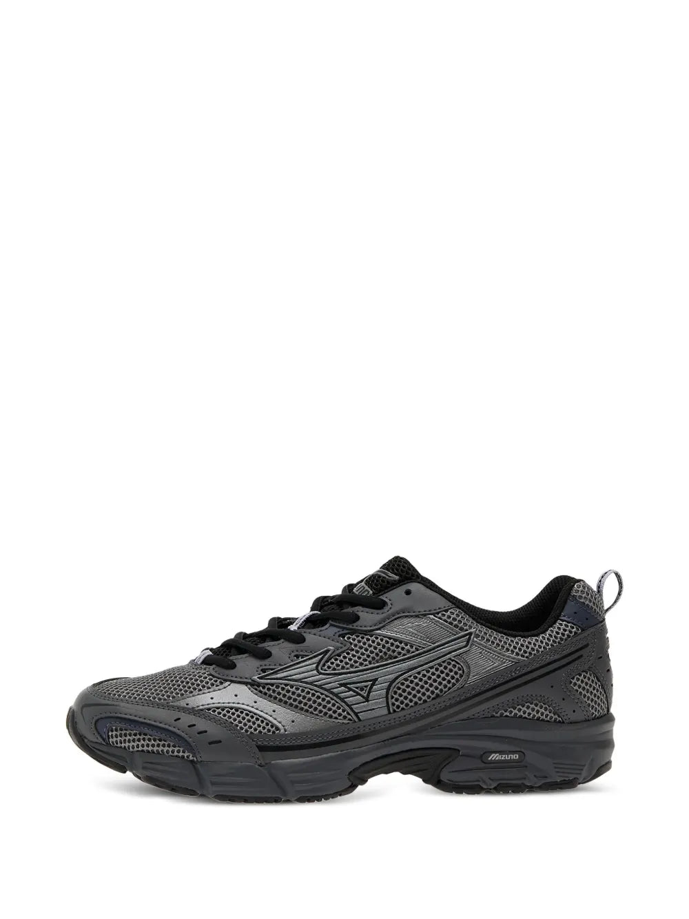 Dark gray and black mesh lace-up sneakers with front toe bumper and side logo patch