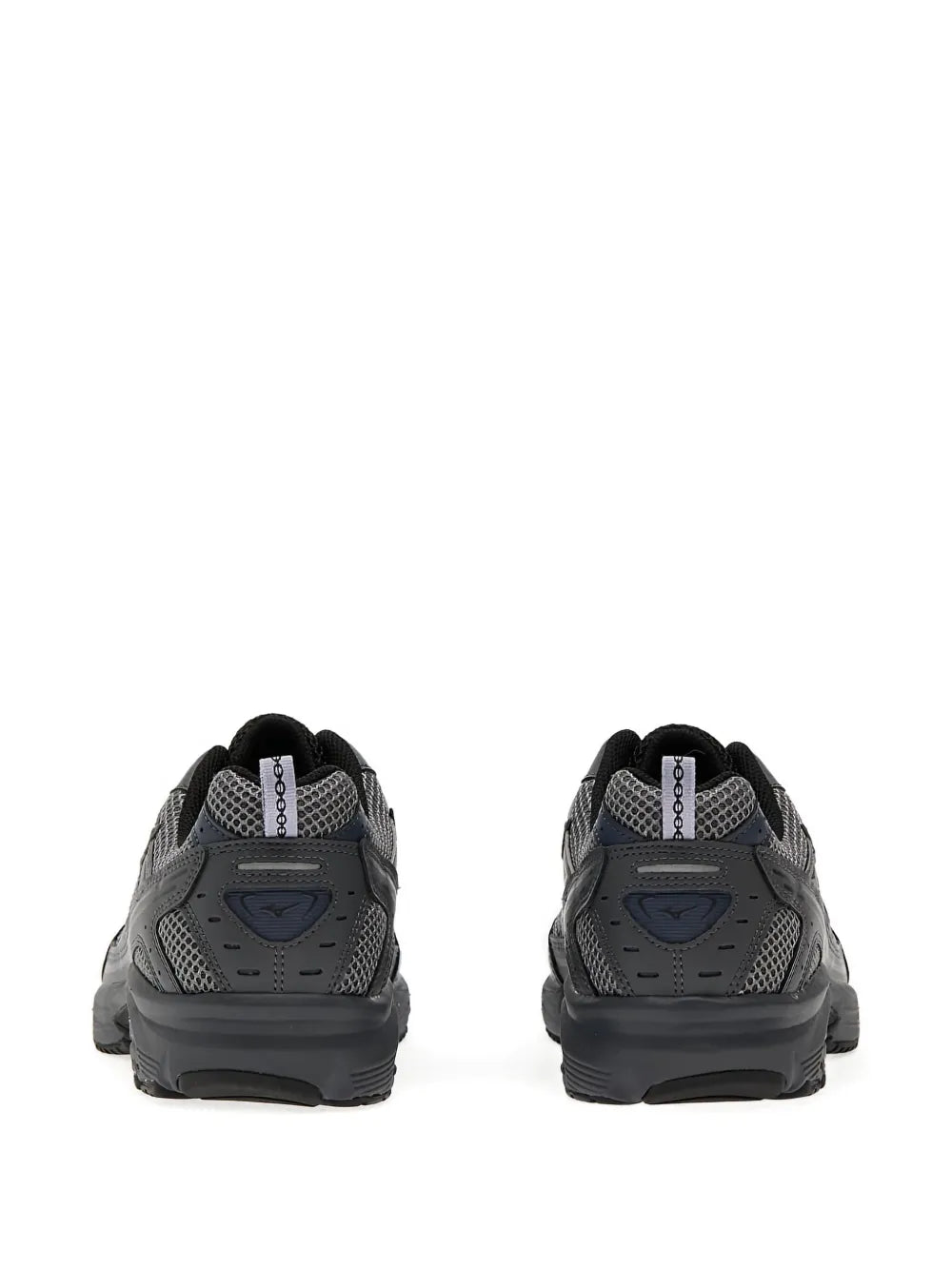 Back view of dark gray and black mesh lace-up sneakers with cushioned collar and heel tabs