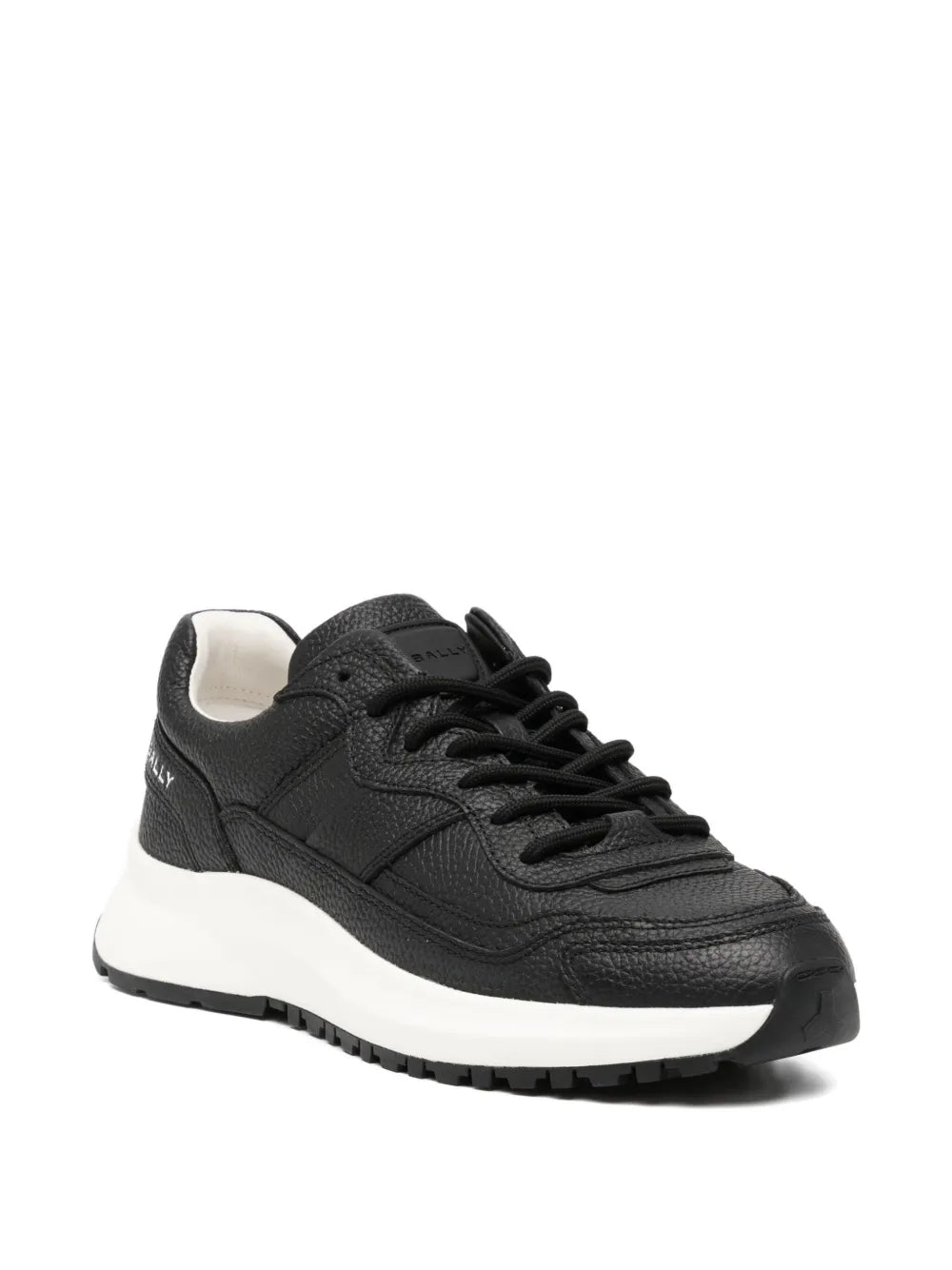 Black leather lace-up sneakers with textured panels and white midsole