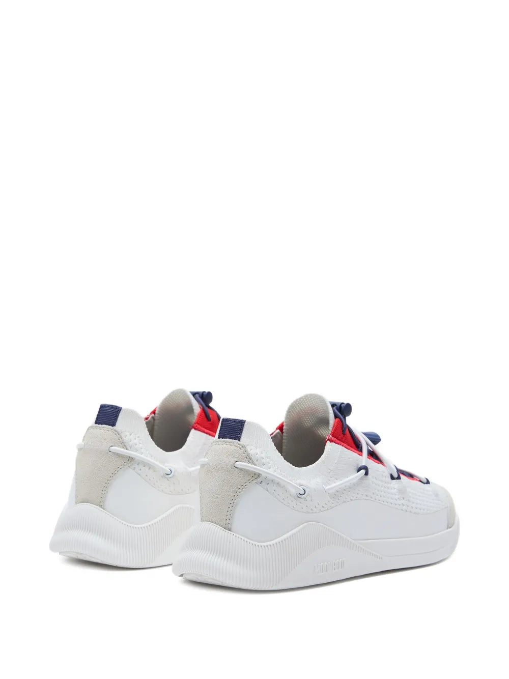 White lace-up low-top sneakers with red panel and blue laces, side view
