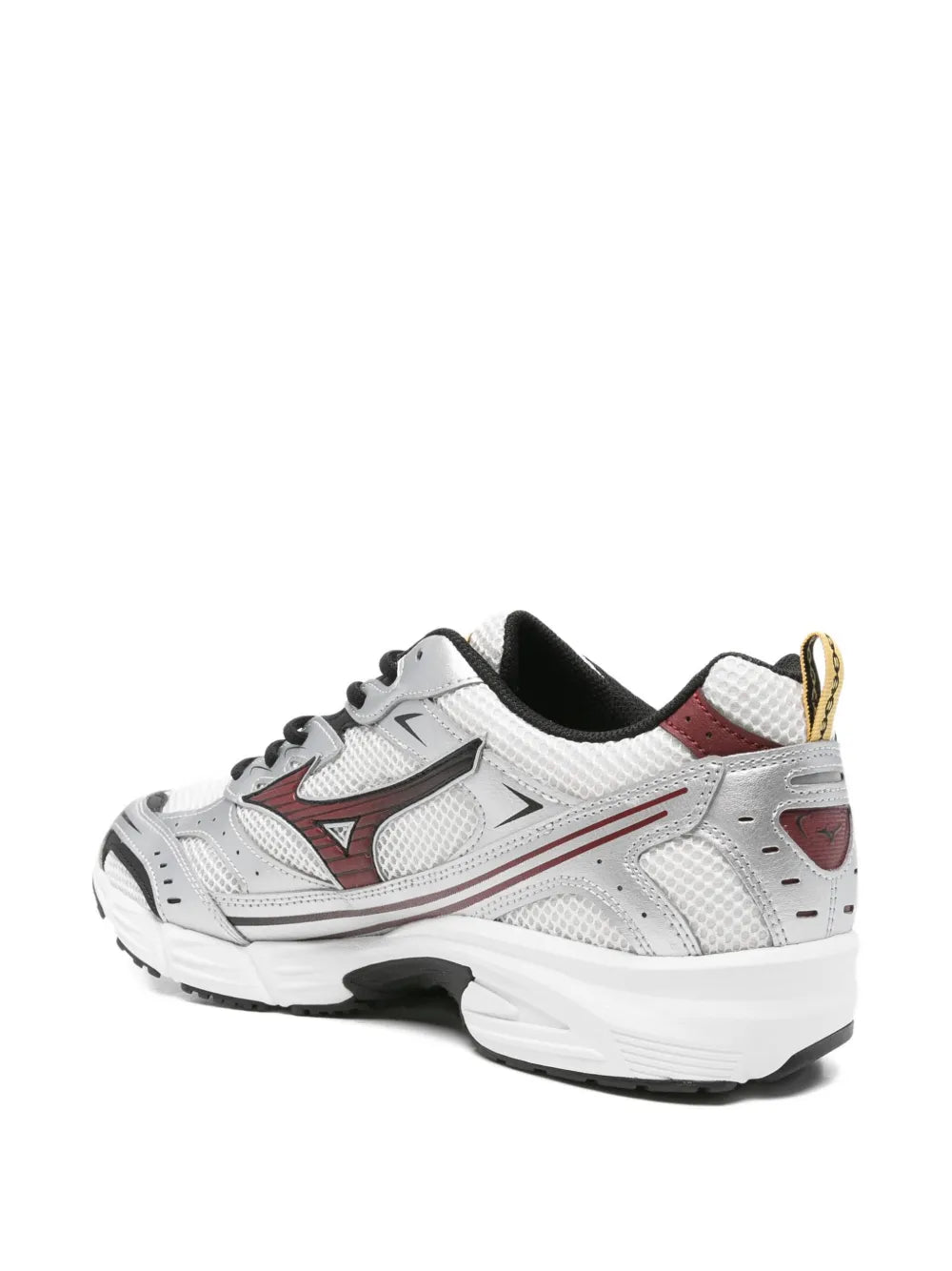Mizuno Nimbus white sneakers, heel and side panels with red stripes and black sole
