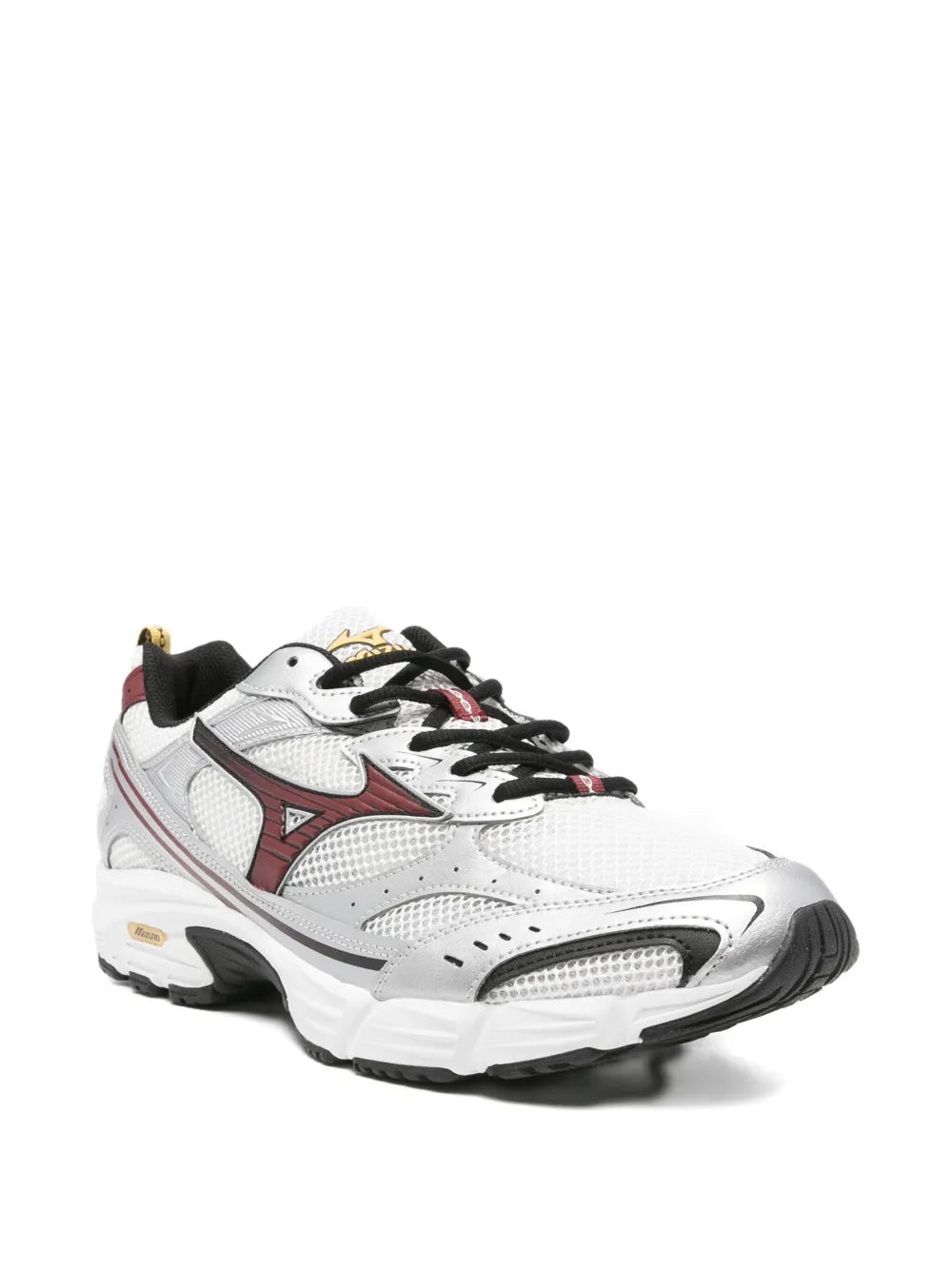Mizuno Nimbus white sneakers, side view with perforations, red trim, black outsole