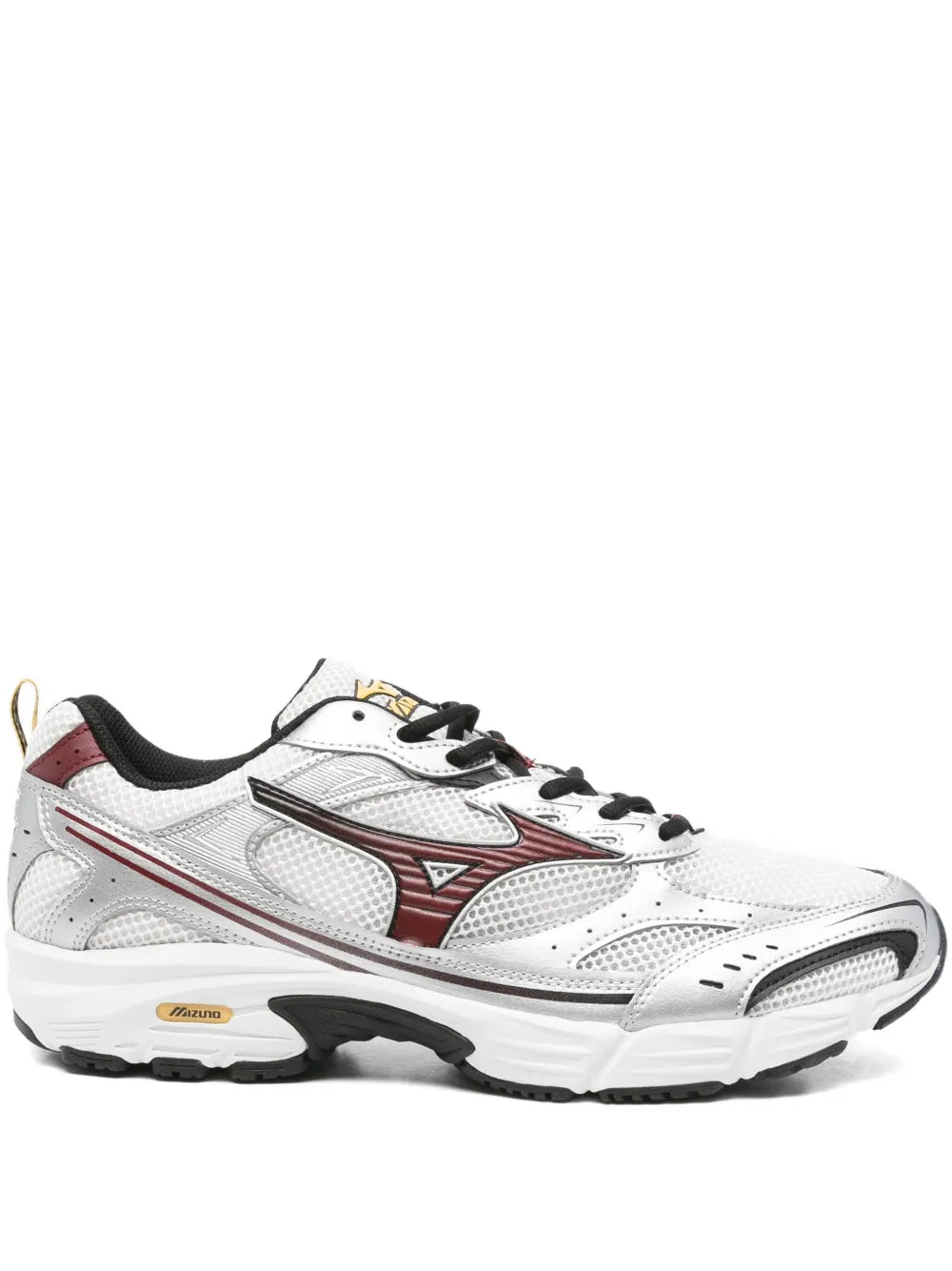 Mizuno Nimbus panelled white sneakers with black laces and red logo accents