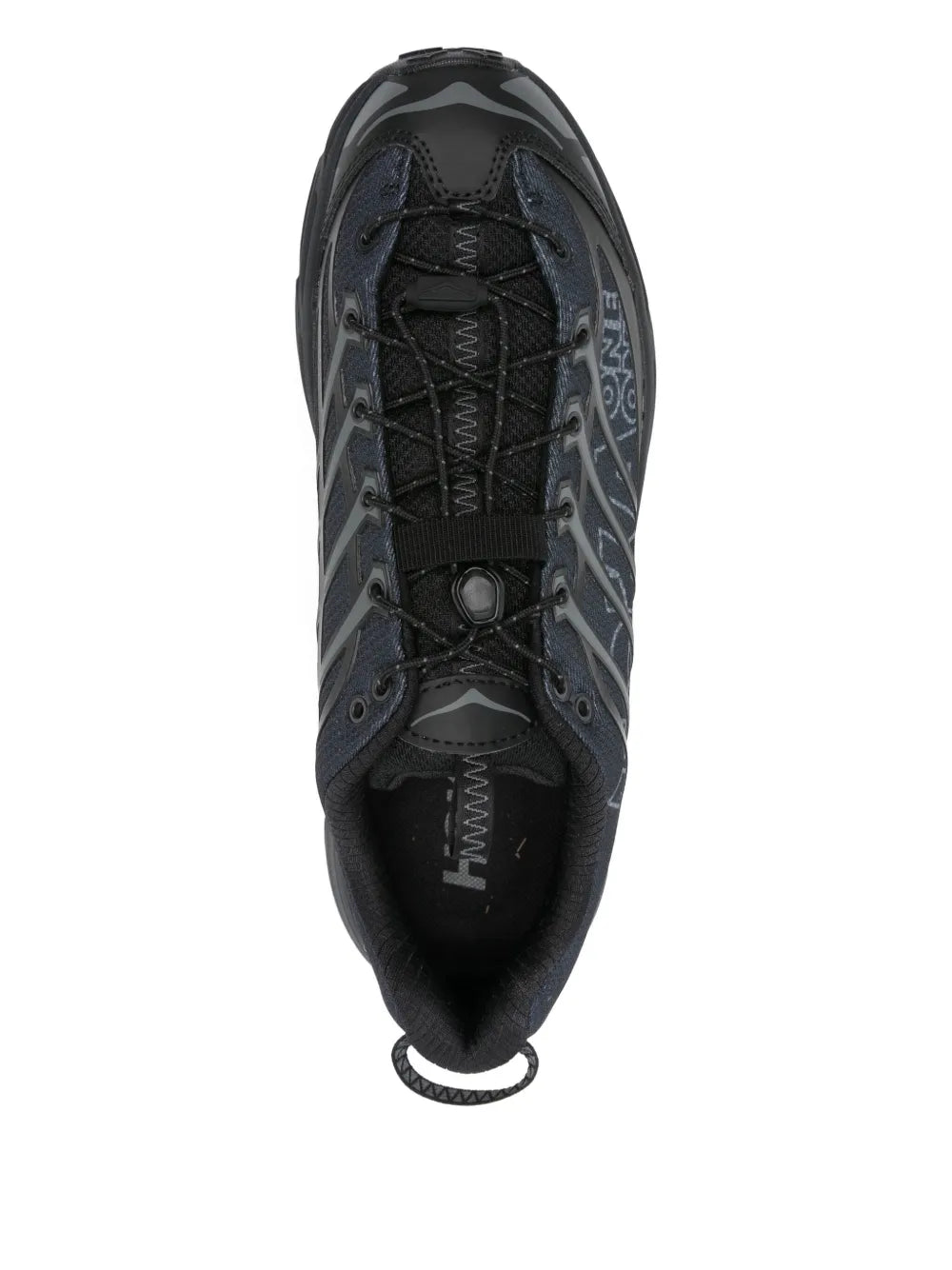 Men's dark gray sneaker top view with laces and padded collar