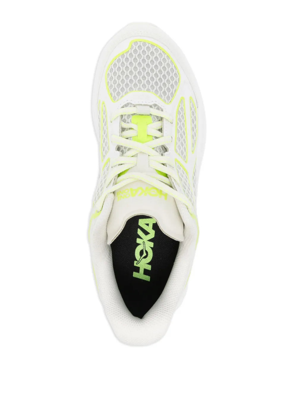 Hoka Clifton One9 white mesh-panel sneakers, black interior lining with green Hoka logo