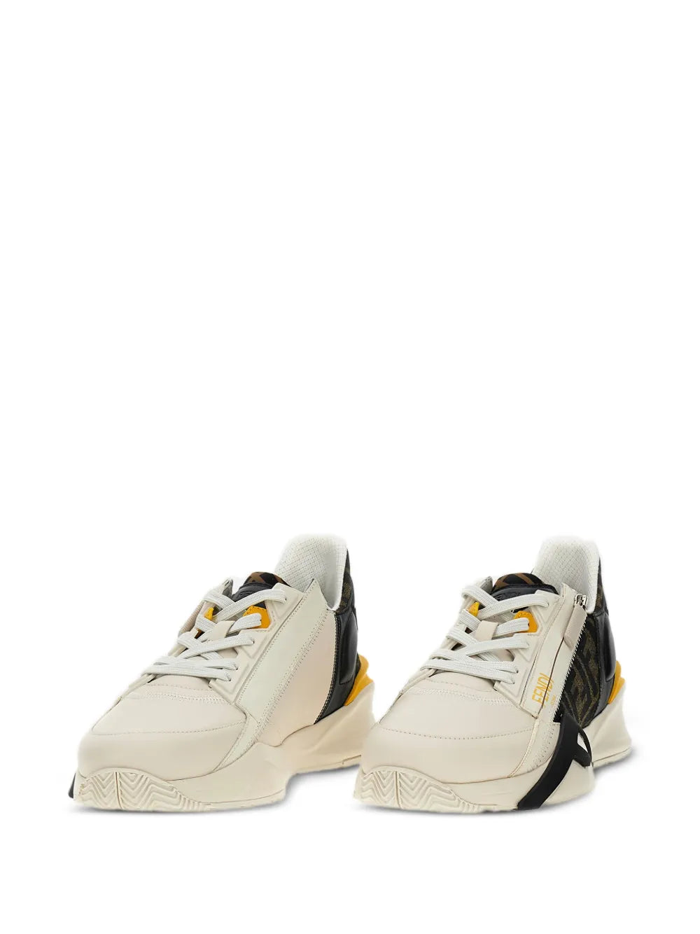 Fendi white leather lace-up sneakers, black heel and side stripe accent