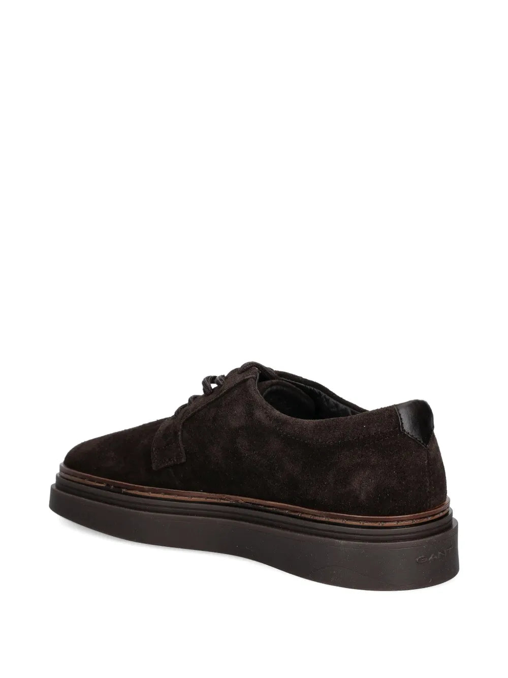 Dark brown suede lace-up sneaker with padded collar and rubber cupsole