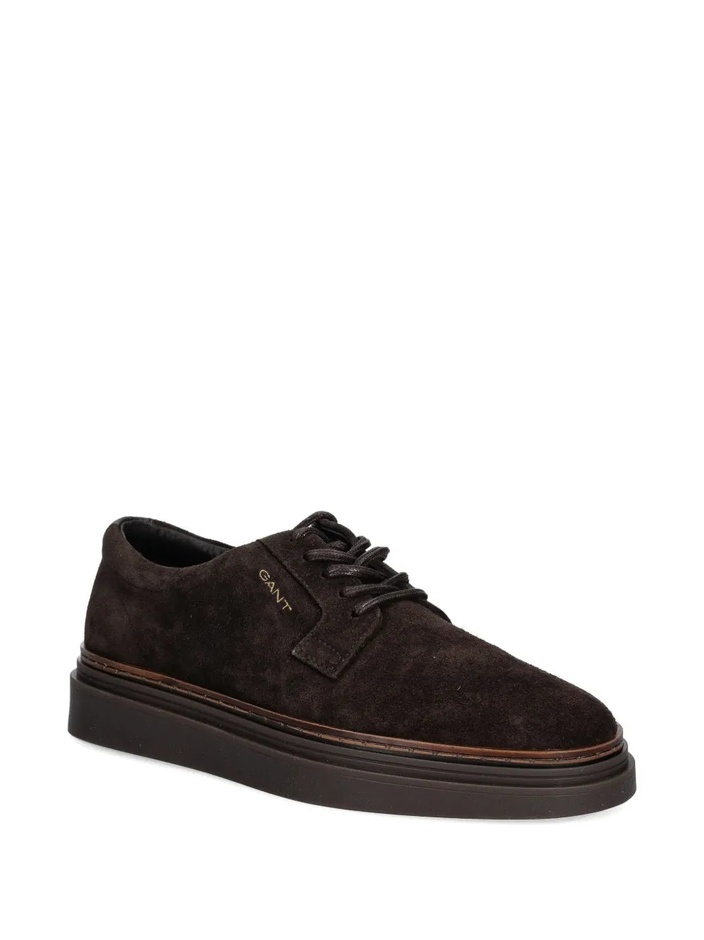Dark brown suede lace-up sneakers with side logo detail and low profile sole