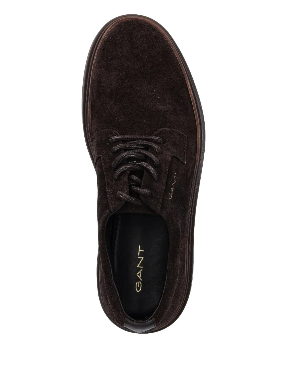 Dark brown suede sneaker with lace-up front and GANT logo on insole