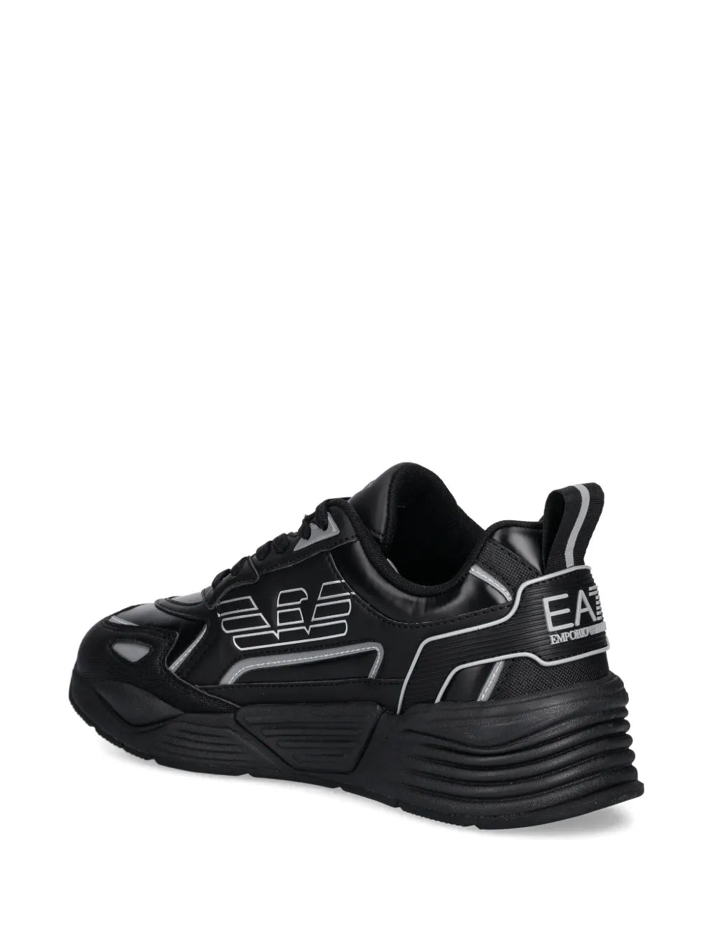 Black logo-detail sneakers with EA branding on heel tab, lace-up and chunky sole