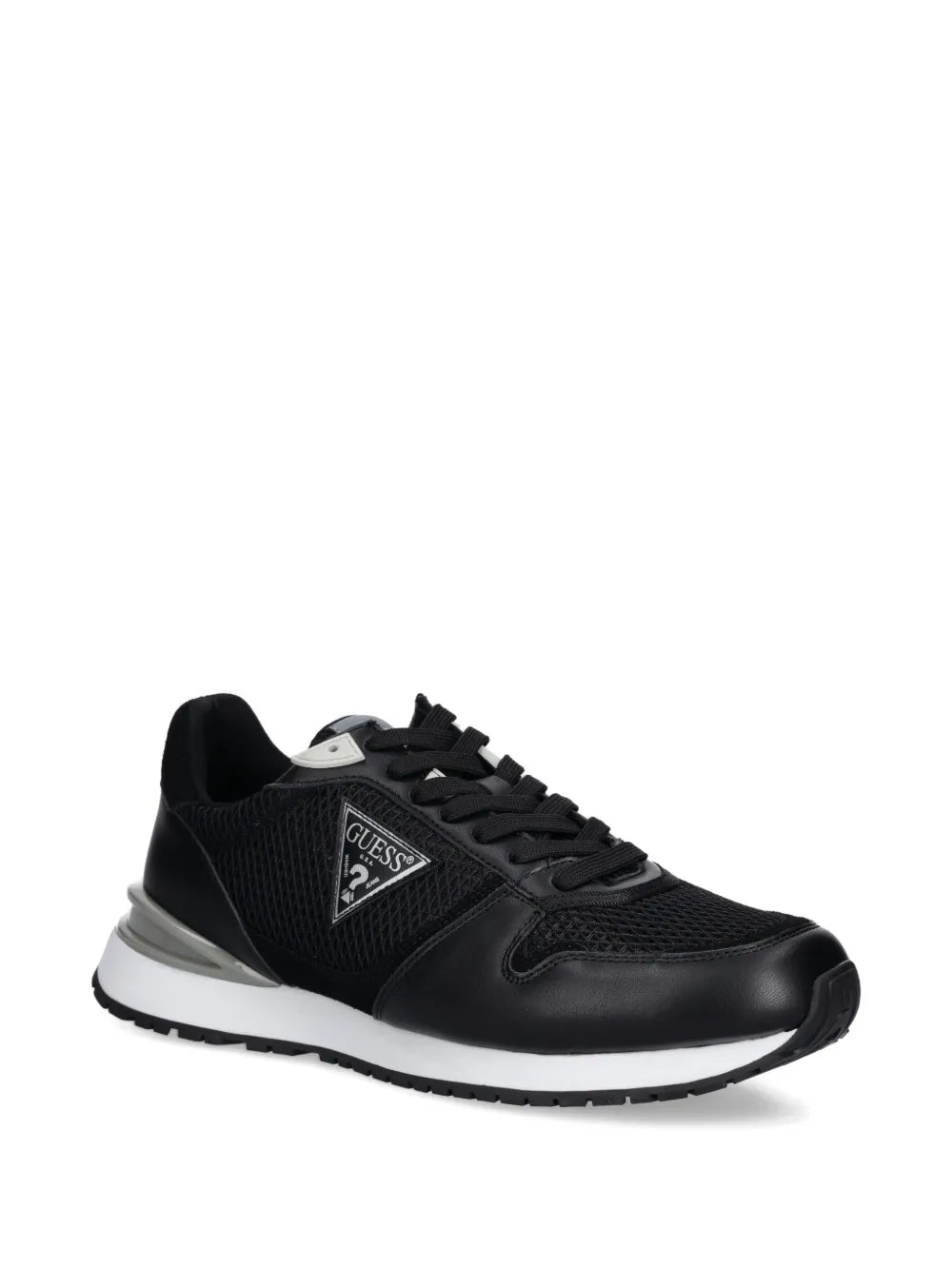 Black lace-up sneakers with mesh side panels and Guess logo patch